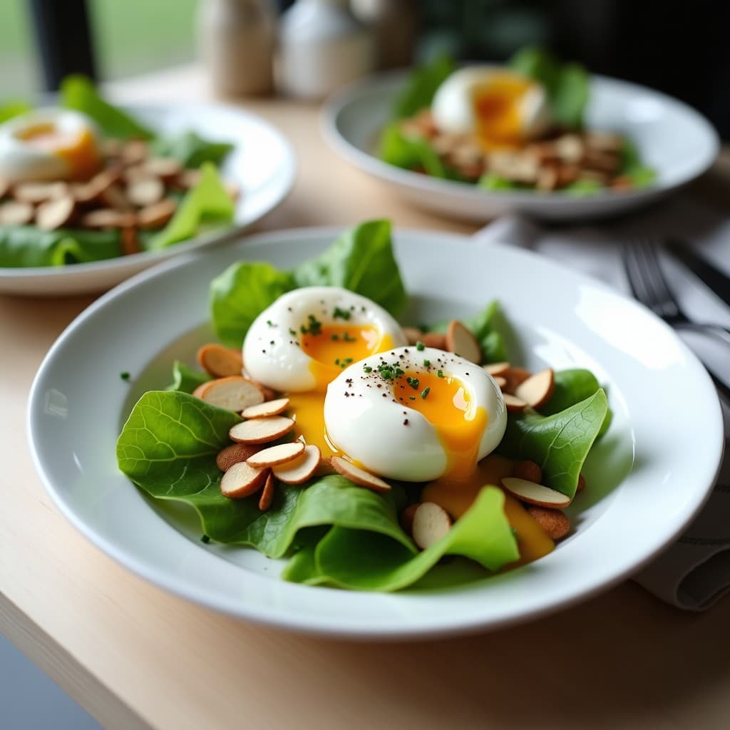 Plato blanco elegante con ensalada de lechuga bulletin de hojas anchas y verdes, huevos pochados con yema líquida y brillante, almendras fileteadas tostadas doradas y vinagreta de mostaza de Dijon con miel de lavanda. Presentación gourmet francesa con cebollino fresco espolvoreado y pimienta negra.