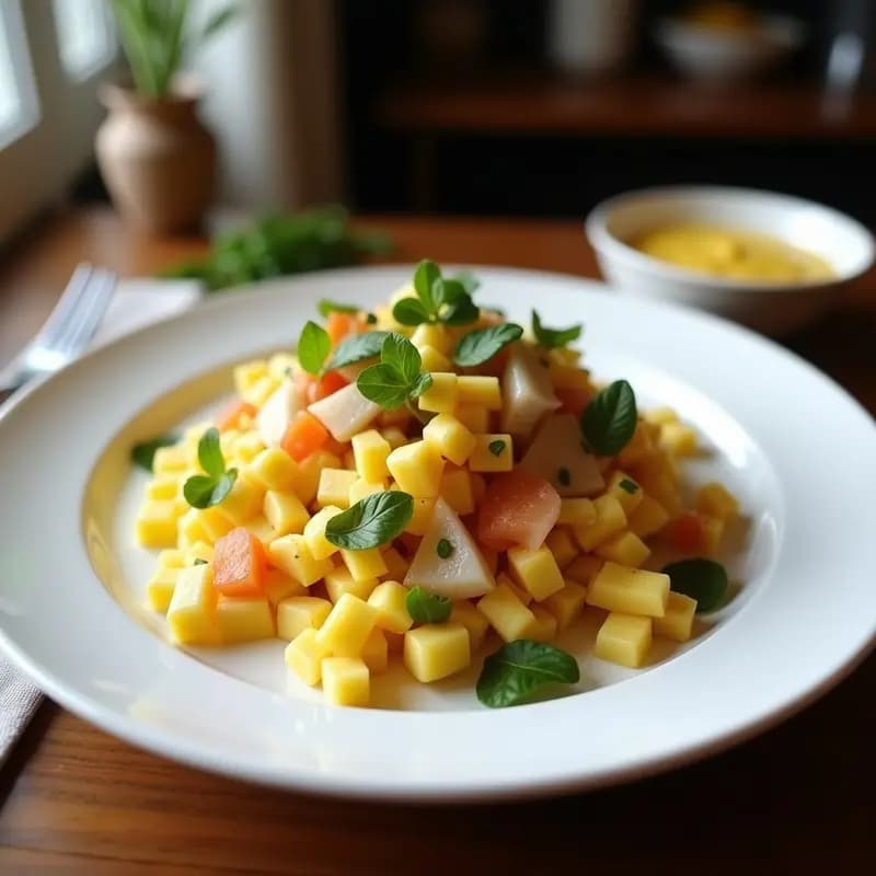 Ensalada César gourmet sin huevo servida en un plato hondo blanco, con lechuga romana crujiente, tiras de pollo dorado, croutons integrales y aderezo cremoso de anacardos, decorada con escamas de parmesano y pimienta negra.