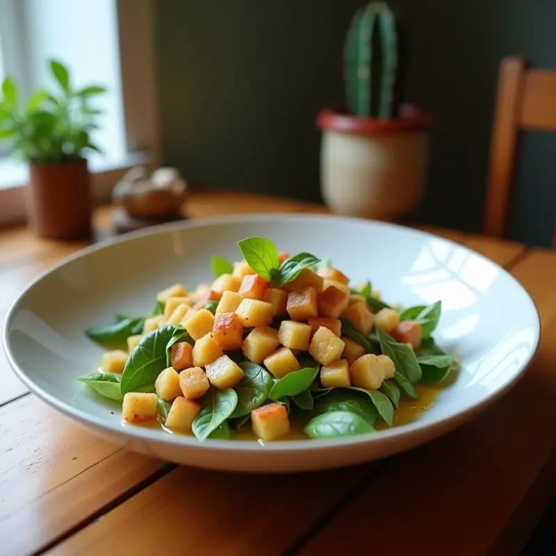Ensalada Caesar vegana en bol de madera con hojas de lechuga romana fresca, croutons dorados de pan de almendra, semillas de girasol tostadas y aderezo cremoso de leche de anacardos. Decoración con pimienta negra y aceite de oliva.
