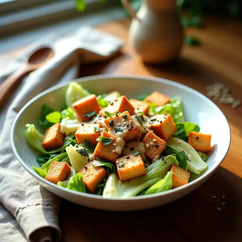 Ensalada Caeser Vegana con Aderezo de Anacardos y Tempeh Crujiente servida en un plato hondo blanco. Base de hojas de lechuga romana fresca y rábano daikon en juliana, coronada con tiras de tempeh dorado y crujiente, croutons de pan de maíz tostados y semillas de girasol. El aderezo cremoso de anacardos cubre ligeramente los ingredientes, con un toque de pimienta negra y levadura nutricional visible.