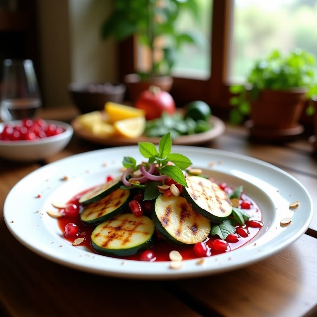 Plato blanco rústico con ensalada tibia de calabacín asado en rodajas doradas y queso halloumi a la plancha, bañados en vinagreta de granada de color rojo intenso. Decorado con semillas de granada, almendras fileteadas tostadas, cebolla morada en juliana y hojas de menta fresca. Fondos borrosos de cocina mediterránea.