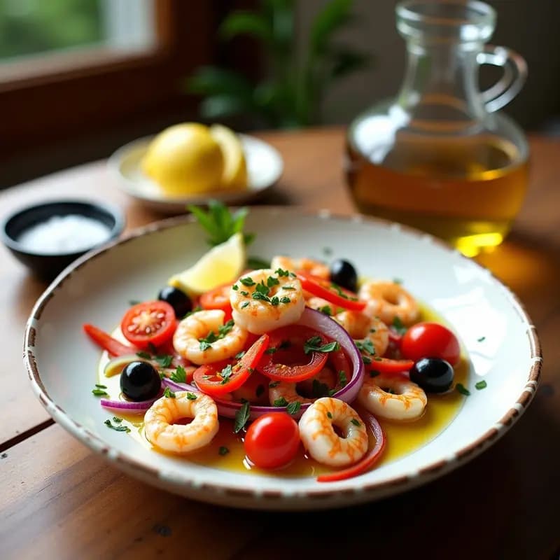 Ensalada fresca de calamares en anillos y gambas ahumadas, mezclados con pimiento rojo, cebolla morada, tomates cherry y aceitunas negras, aliñada con aceite de oliva y perejil. Plato mediterráneo alto en proteína y omega-3.