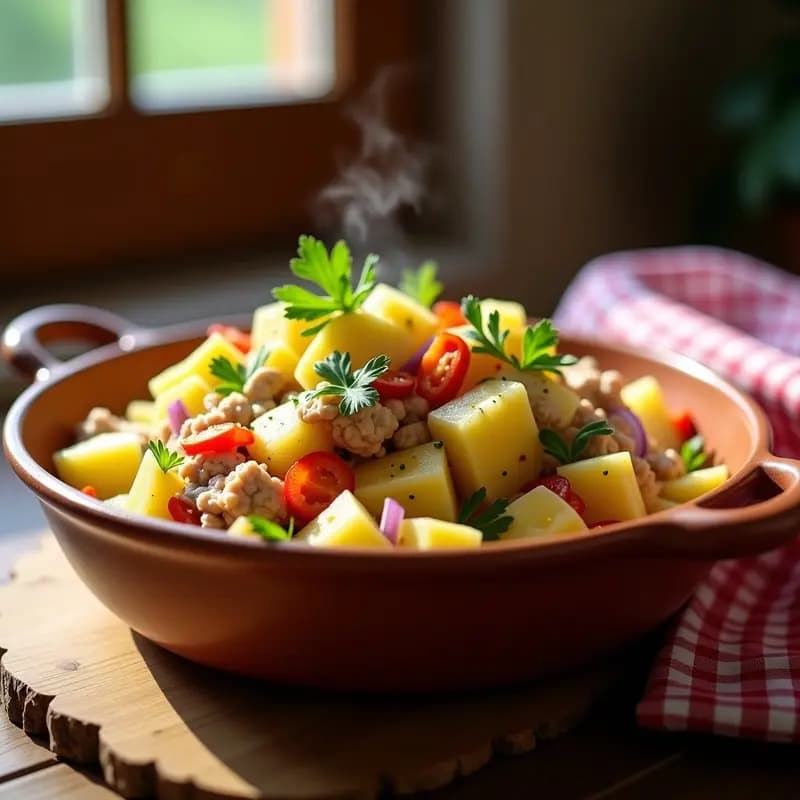 Bol grande de barro con ensalada calentita de atún y huevo, patatas en cubos, huevo picado, cebolla morada y pimiento verde, aliñada con aceite de oliva y perejil fresco.