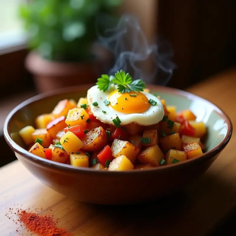 Plato hondo de barro con ensalada calentita de patata ahumada, huevo escalfado encima y perejil fresco. Las patatas doradas se mezclan con cebolla morada, pimiento verde y ajo, con un toque de pimentón ahumado que le da color y aroma.