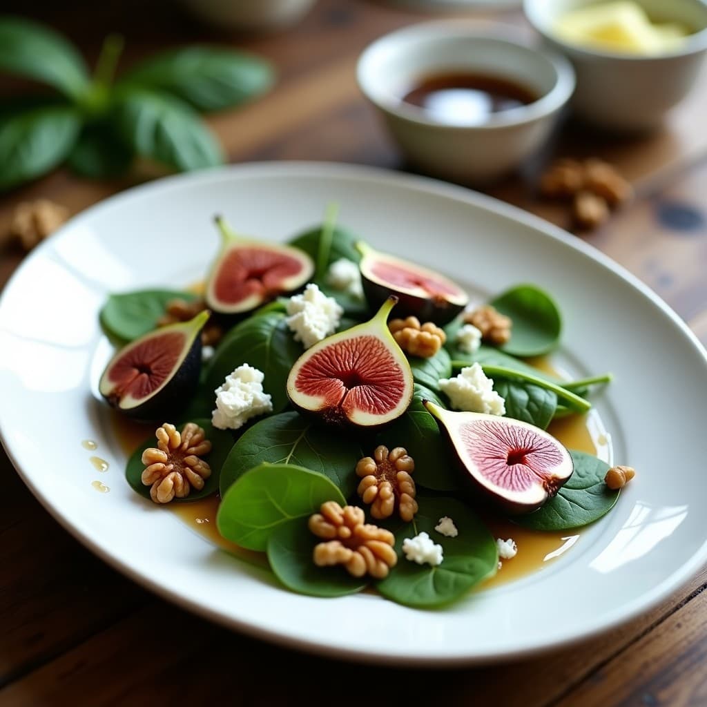 Plato blanco ovalado con ensalada templada de espinacas verdes salteadas, higos morados en cuartos, queso de cabra desmenuzado y nueces doradas, bañada en aderezo de miel y vinagre balsámico.