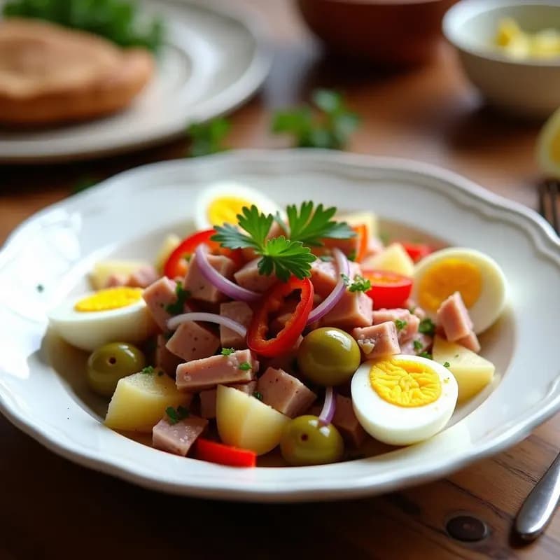 Ensalada camarera servida en plato hondo blanco con patatas en cubos, huevo picado, atún desmenuzado, pimientos del piquillo en tiras y aceitunas verdes, decorada con perejil fresco y aliñada con aceite de oliva.