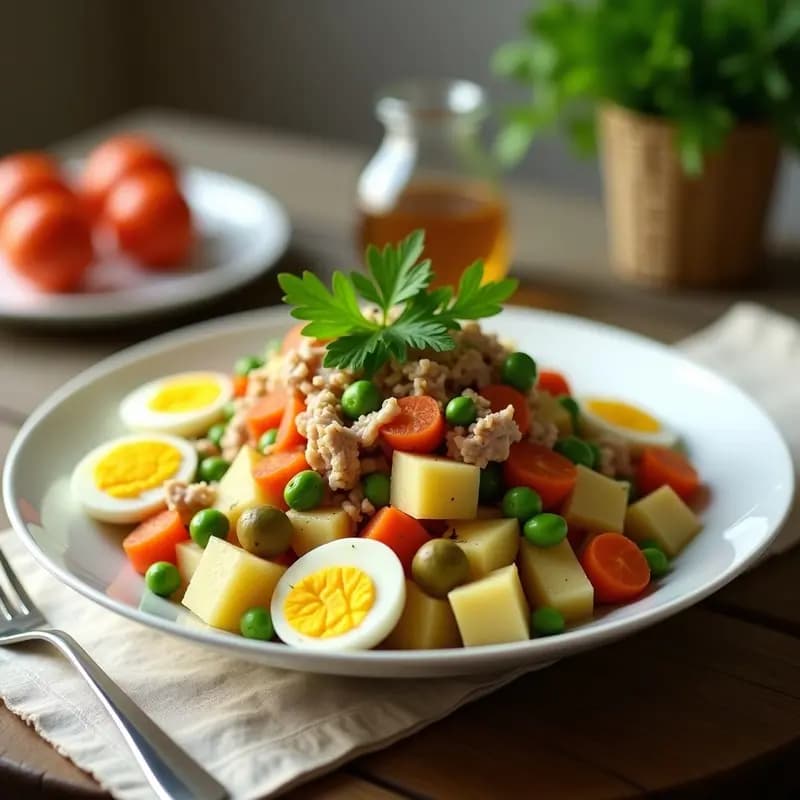 Ensalada camarera tradicional en un bol de cerámica blanca, con patatas, zanahorias, guisantes, huevo duro, atún y aceitunas, decorada con perejil fresco y aliñada con aceite de oliva.