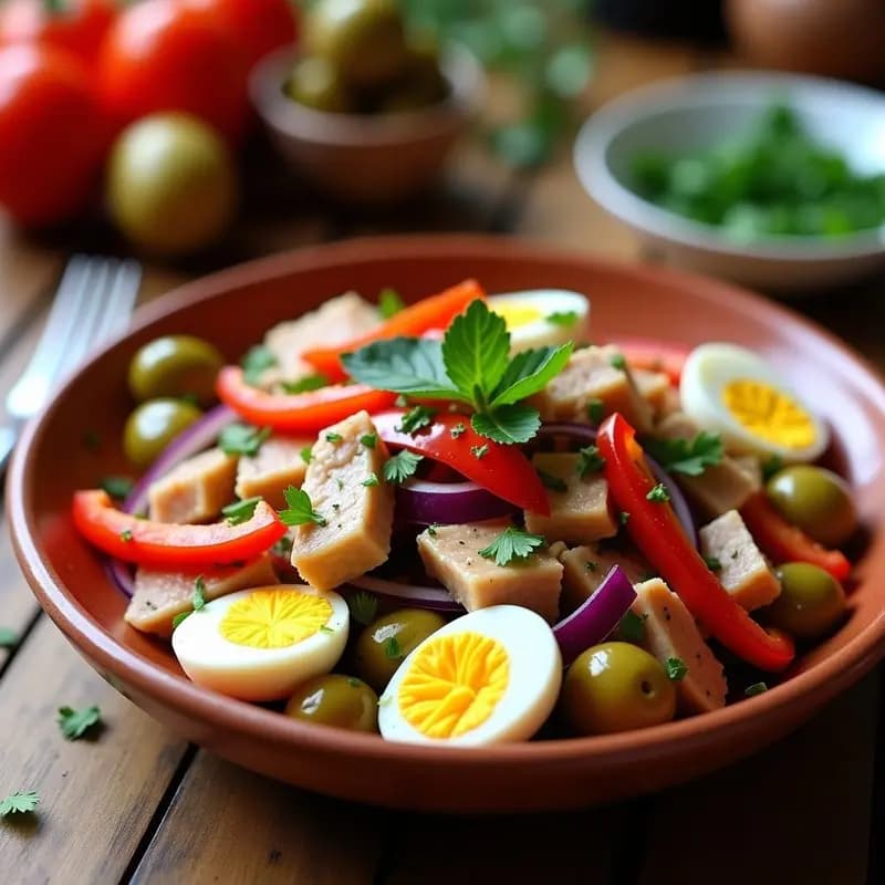 Ensalada camarera madrileña servida en un plato hondo de barro, con trozos de atún en aceite, huevo duro en cuartos, pimientos asados en tiras rojas y verdes, aceitunas, cebolla morada y perejil fresco, todo aliñado con aceite de oliva y vinagre de Jerez.