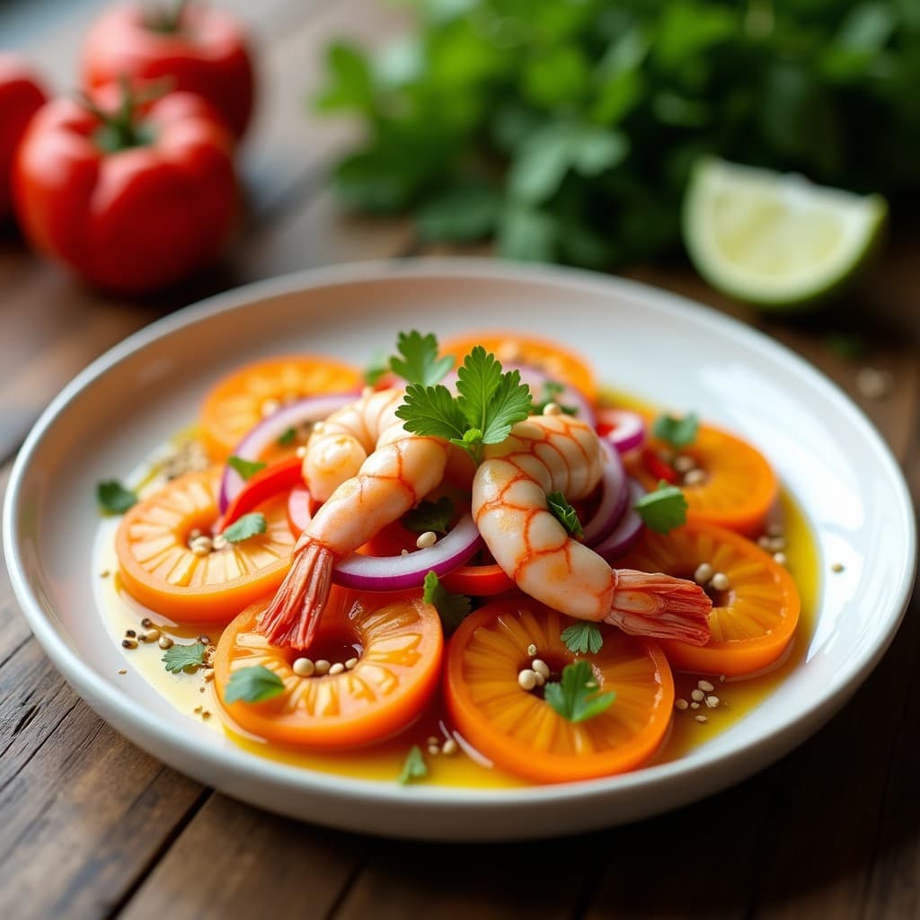 Ensalada fresca de camburi en rodajas naranjas, langostinos rosados y verduras coloridas, bañada en una vinagreta dorada de cúrcuma, servida en un plato blanco con semillas de sésamo y limón verde.