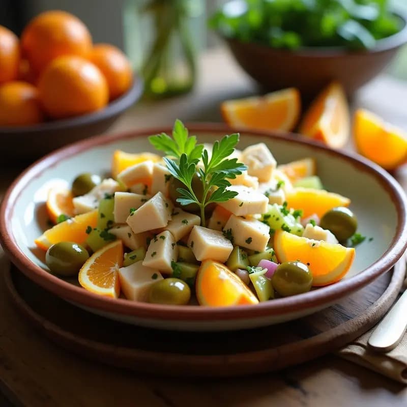 Ensalada Camerana murciana en bol de barro con bacalao desmenuzado, gajos de naranja, aceitunas verdes, apio, cebolla morada y huevo duro, decorada con perejil fresco y aliño de aceite de oliva.