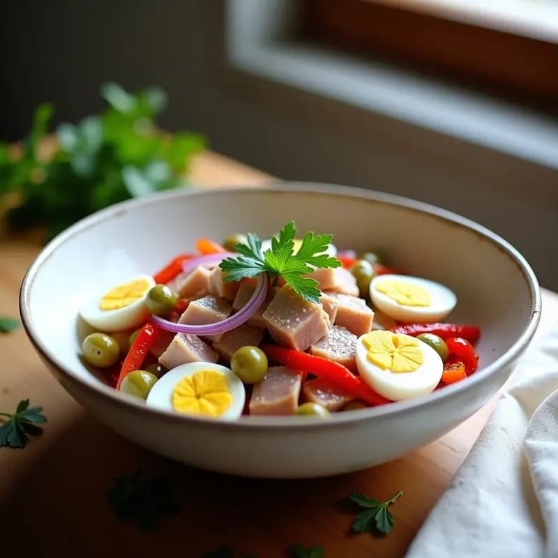 Ensalada camerana cántabra en plato blanco hondo: trozos de ventresca de bonito, tiras de pimientos asados rojos, cebolla morada en juliana, cuartos de huevo duro y aceitunas verdes, todo aliñado con aceite de oliva y perejil fresco espolvoreado.