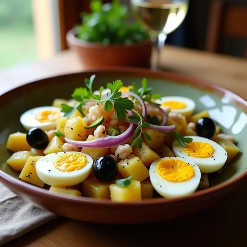 Ensalada camerona murciana servida en un plato hondo de barro con bonito desmenuzado, huevos duros en cuartos, patatas cocidas en cubos, cebolla morada, pimiento verde, tomate, aceitunas y perejil fresco, aliñada con aceite de oliva y vinagre de Jerez.