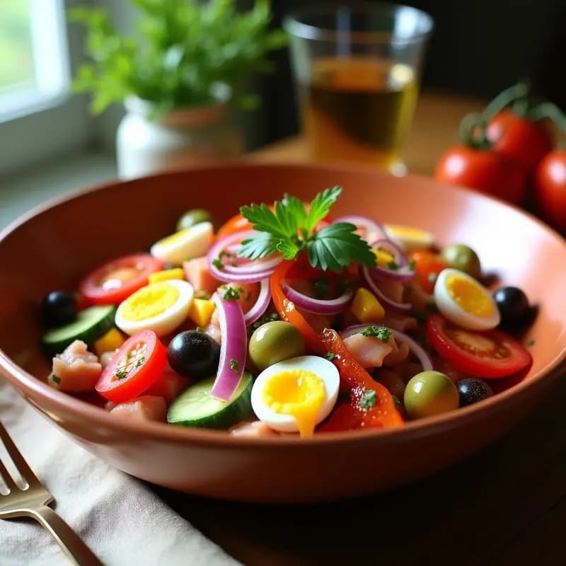 Ensalada camperola fresca en bol de barro con ventresca desmenuzada, pimientos asados en tiras, tomate en cubos, cebolla morada, aceitunas verdes, huevo duro y perejil. Plato frío ideal para verano.