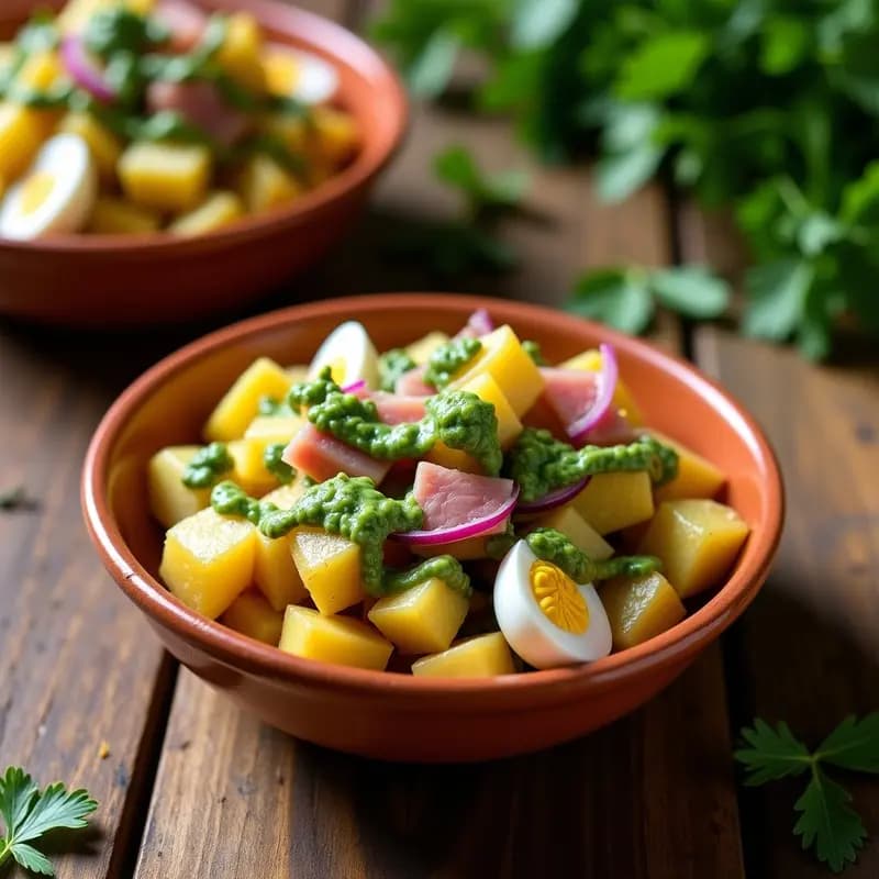 Ensalada canaria de papa arrugada con piel, trozos de ventresca de atún, huevo duro en cuartos y mojo verde espeso, servida en fuente de barro rústica con perejil fresco por encima.