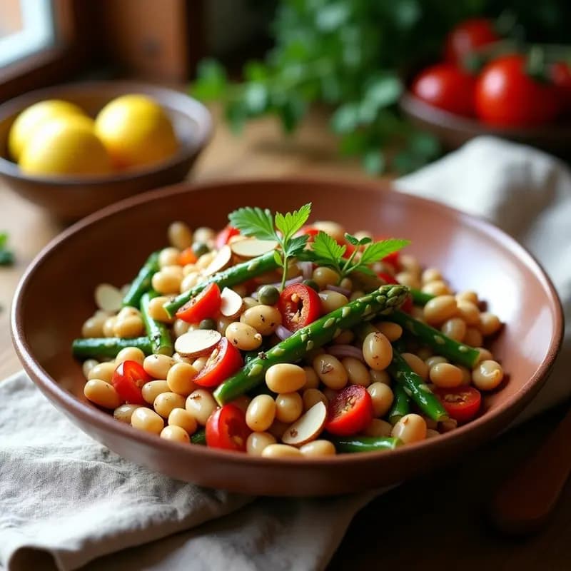 Ensalada fresca de cañolones y espárragos blancos vegana, con pimiento asado, cebolla morada y almendras fileteadas, servida en un bol de barro.