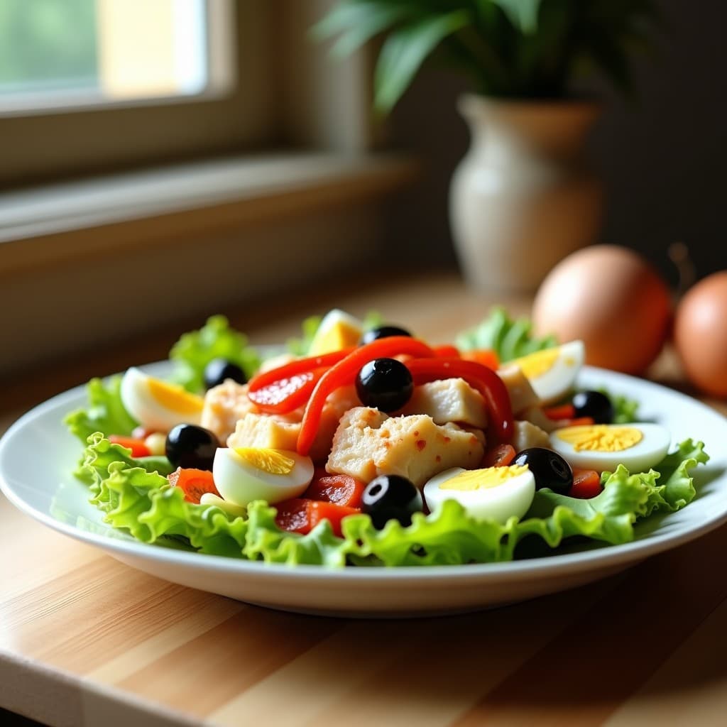 Ensalada fresca de canónigos verdes con trozos de bacalao desalado blanco, pimiento rojo asado en tiras, cebolla morada picada y aceitunas negras, bañada en una vinagreta dorada de pimentón. Plato español keto servido en fuente de cerámica rústica con fondo borroso de cocina tradicional.