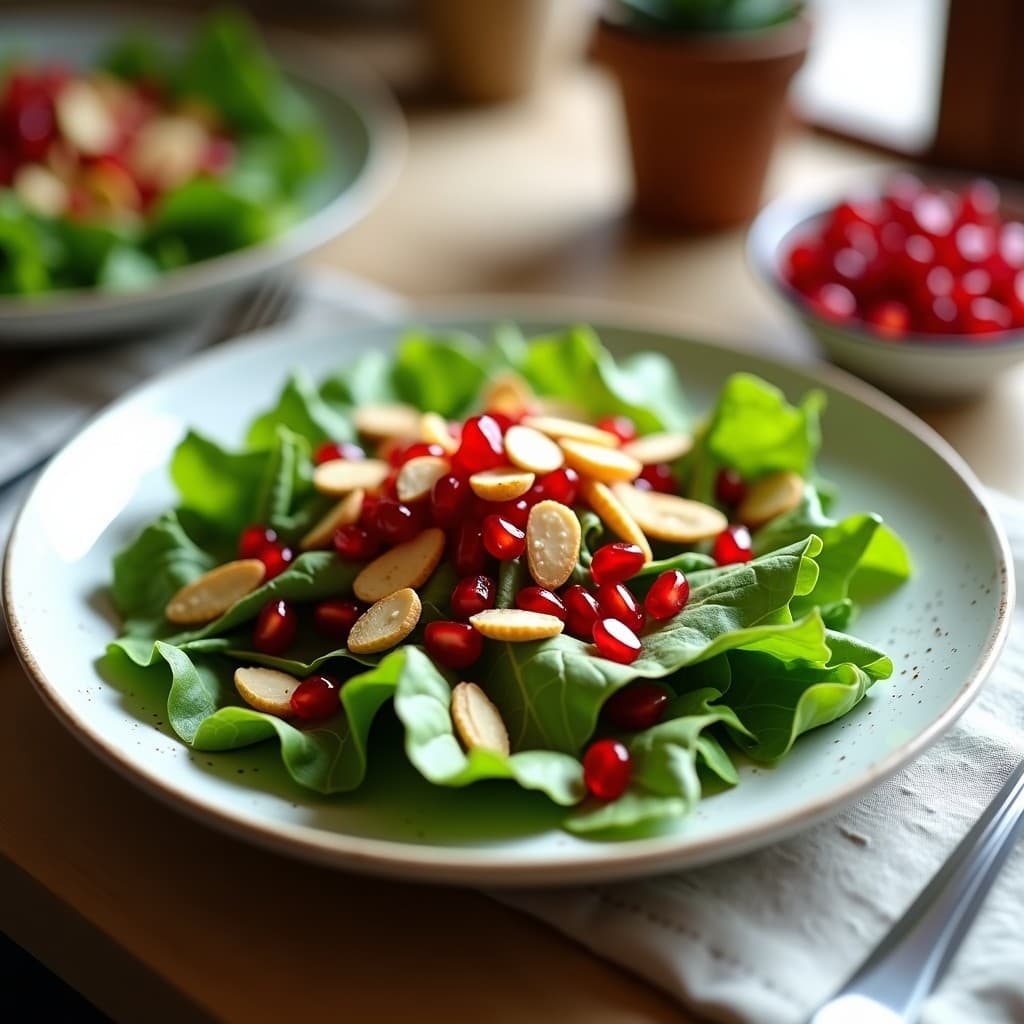 Ensalada fresca de canónigos verdes con granos rojos de granada, almendras tostadas, cebolla morada en juliana y queso manchego rallado, servida en un plato blanco con aderezo de vinagre de sidra brillante.