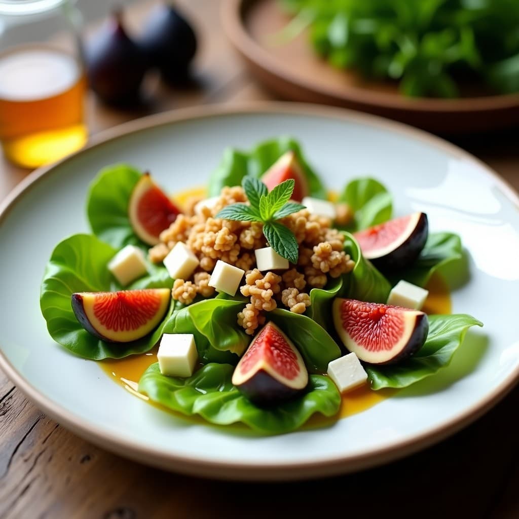 Ensalada fresca de canónigos verdes con higos maduros en cuartos, queso de cabra en dados, nueces tostadas y vinagreta de miel, decorada con hojas de menta. Plato español elegante y colorido sobre fondo rústico.