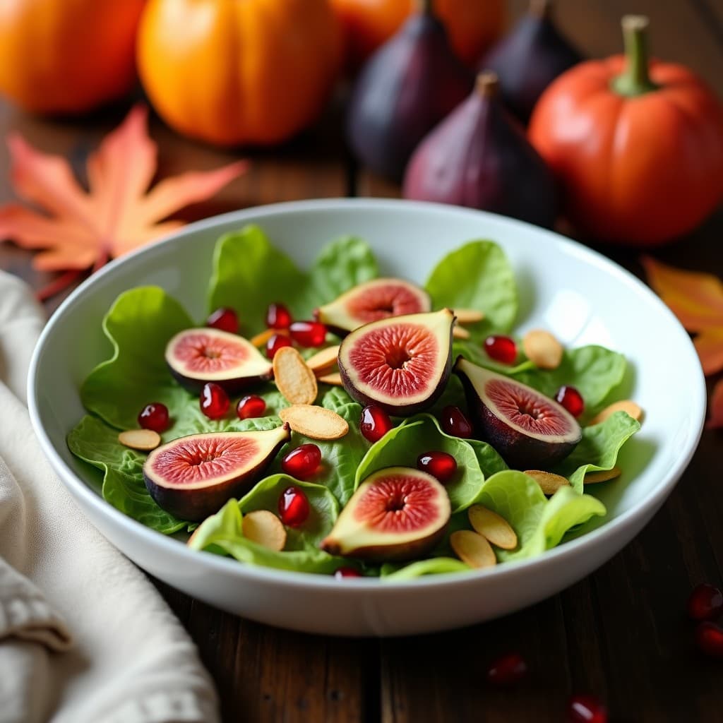 Ensalada otoñal en plato blanco con canónigos verdes, higos frescos en cuartos, anacardos tostados y vinagreta brillante de miel de dátiles, decorada con hojas de menta y ralladura de naranja.