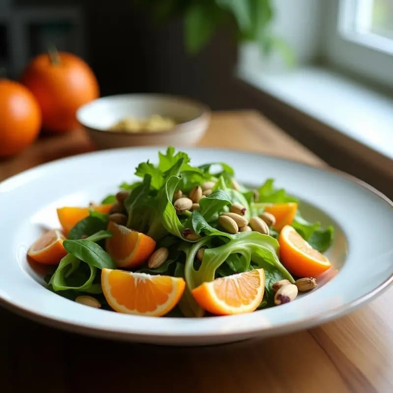 Ensalada fresca de canónigos verdes con gajos de mandarina naranja, cubos de aguacate cremoso y cebolla morada en juliana, bañada con vinagreta de pistacho. Presentada en un bol blanco sobre fondo rústico de madera, con pistachos picados como decoración.