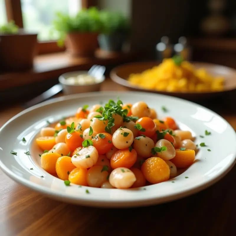 Ensalada fresca de canónigos y rúcula con gajos de naranja sanguina, gambas ahumadas, aguacate en cubos, semillas de granada y almendras tostadas, servida en un plato blanco con aliño brillante.