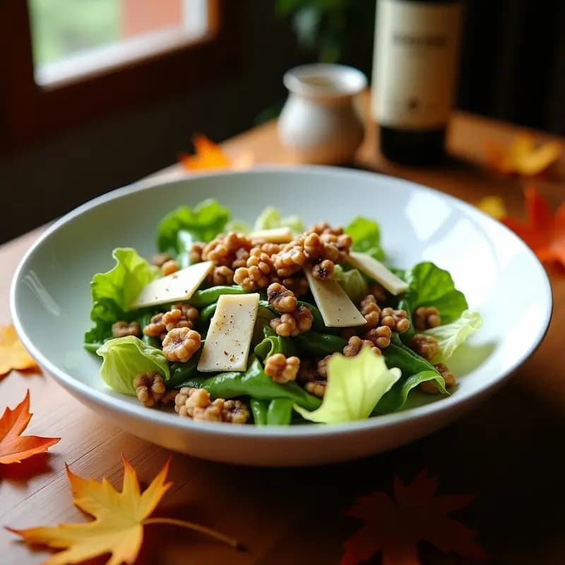 Ensalada otoñal de canónigos frescos con láminas doradas de níscalos salteados, nueces picadas y virutas de queso curado, bañada en vinagreta de trufa negra. Plato servido en fuente de cerámica blanca sobre fondo rústico de madera con hojas de otoño.