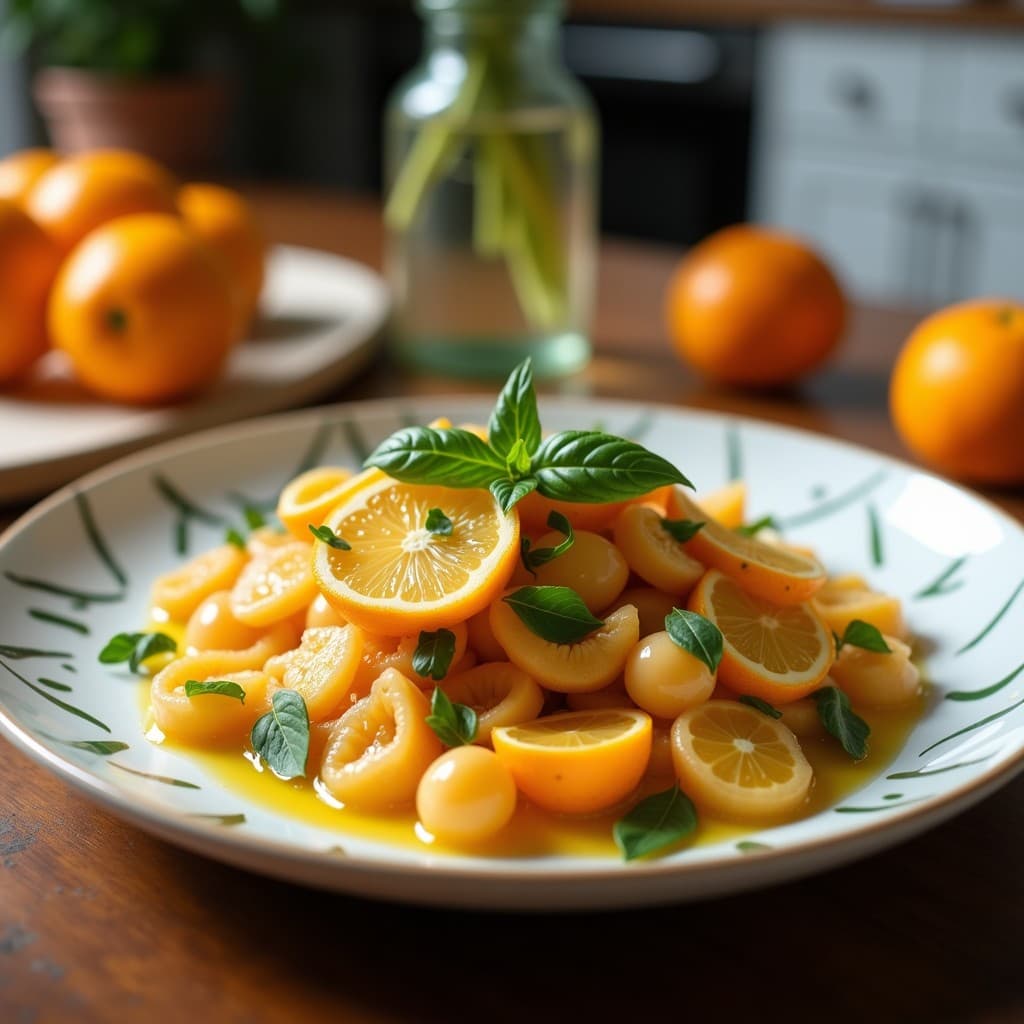Ensalada fresca de canónigos con gajos de naranja sanguina, cebolla morada en juliana, pistachos tostados triturados y hojas de menta, bañada con vinagreta cremosa de pistacho y naranja, servida en plato blanco sobre fondo rústico.