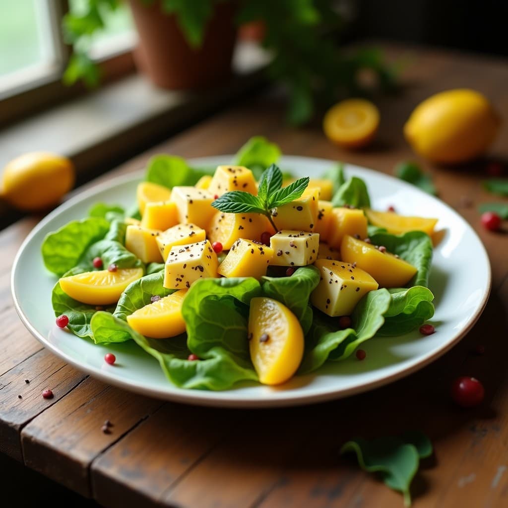 Ensalada fresca de canónigos verdes con trozos de queso de almendras cremoso, pulpa amarilla de granadilla y semillas de chía, servida en un plato blanco con vinagreta brillante y hojas de menta como decoración.