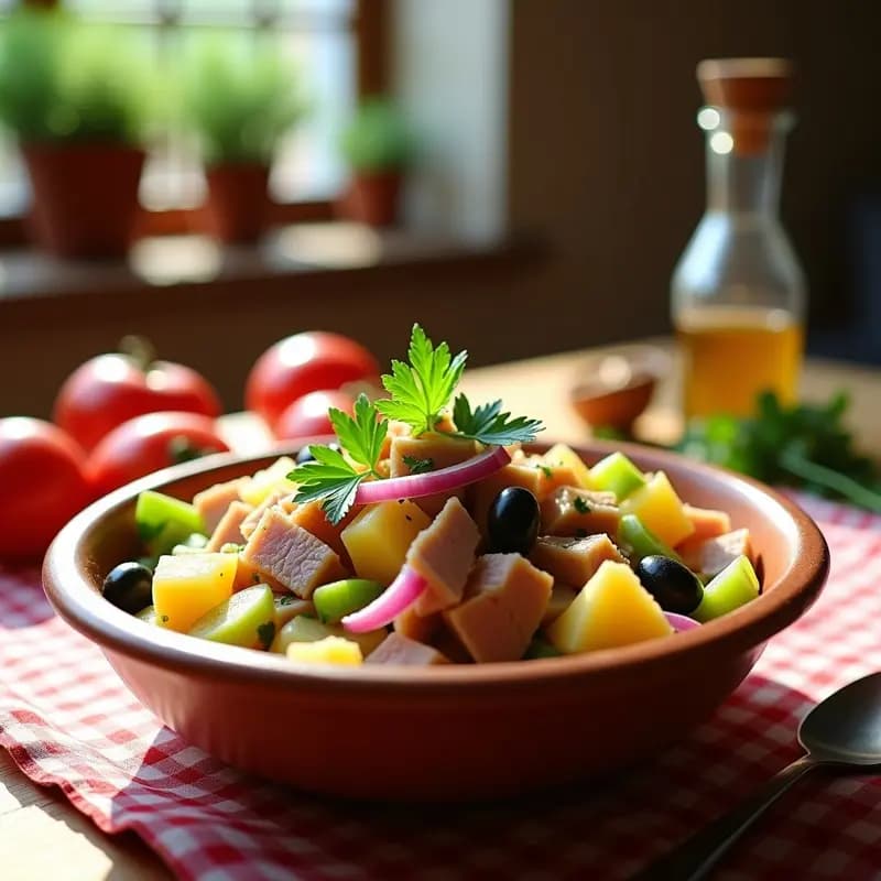 Ensalada cantera murciana en bol de barro con ventresca de atún, huevo duro, patata, pimiento verde, cebolla morada y aceitunas, aliñada con aceite de oliva y perejil fresco.