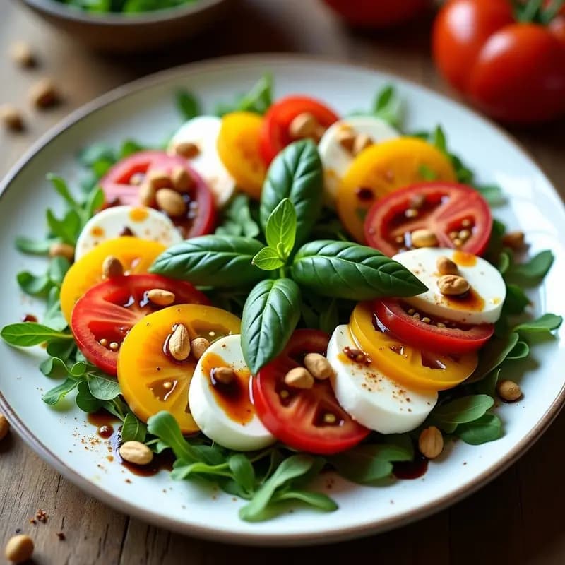 Ensalada Caprese elegante con rodajas de tomate amarillo y mozzarella fresca, decorada con hojas de albahaca morada, semillas de sésamo negro y reducción de vinagre balsámico en un plato blanco rústico.
