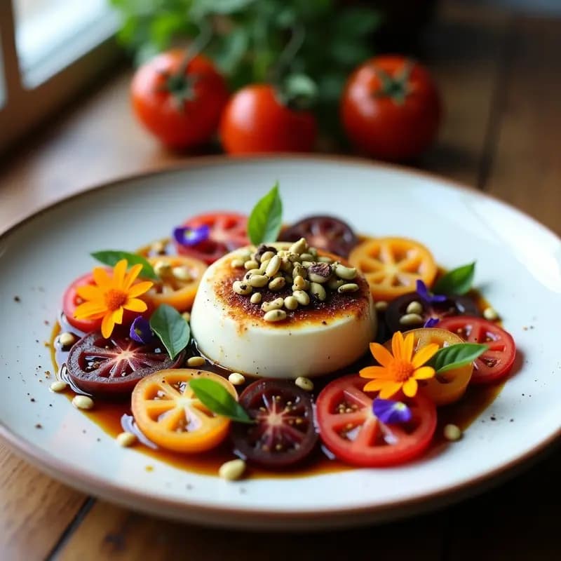 Plato blanco minimalista con ensalada Caprese gourmet: rodajas gruesas de tomate heirloom en tonos rojo, amarillo y morado, queso bursatta abierto en el centro, hojas de albahaca morada, semillas de sésamo tostadas y un hilo de vinagre balsámico envejecido. Receta italiana fresca y elegante.