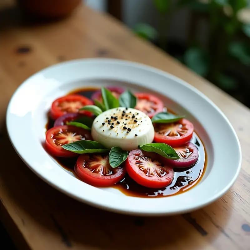 Plato blanco ovalado con Ensalada Caprese gourmet: rodajas gruesas de tomate heirloom Black Krim, burrata cremosa abierta en el centro, hojas de albahaca morada, reducción brillante de vinagre balsámico y miel, y semillas de amapola negra espolvoreadas.