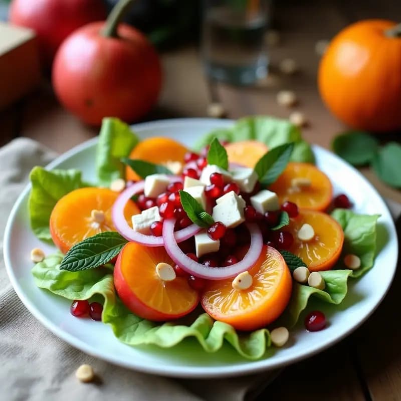 Ensalada de Caqui y Queso de Cáscara con Vinagreta de Granada: Receta Persa de Otoño