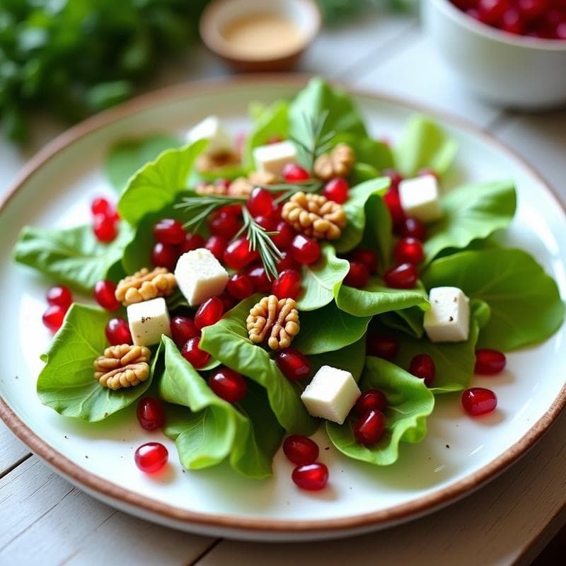 Ensalada fresca de canónigos verdes con granos de granada rojos brillantes, queso de burro en cubos cremosos y nueces tostadas, aliñada con vinagreta de romero. Plato blanco rústico sobre fondo de madera clara.