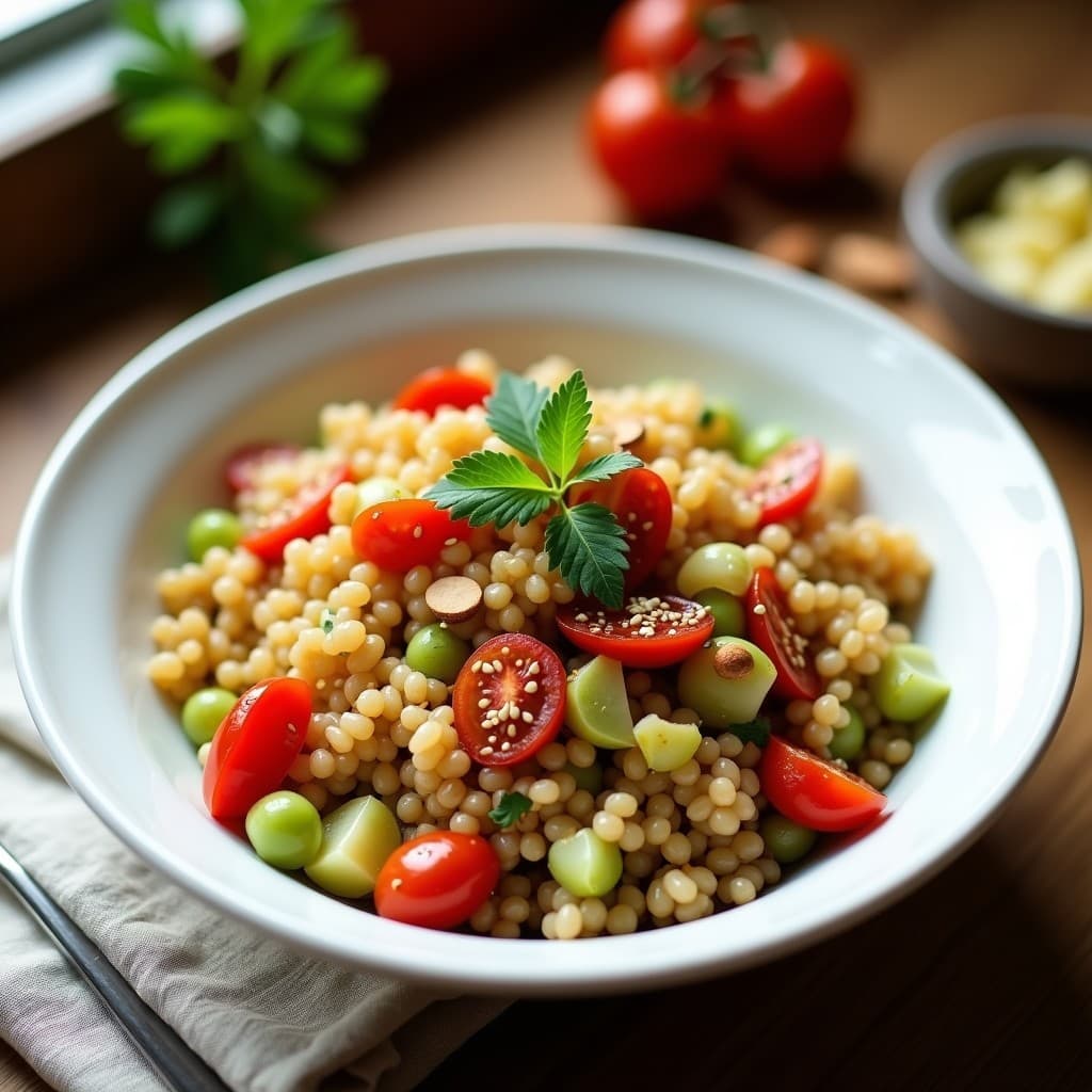Ensalada fría de cebada perlada cocida, tomates secos en tiras, apio en juliana y cebolla morada en plumas, bañada con vinagreta dorada de limón confitado y decorada con semillas de sésamo y perejil fresco. Plato blanco sobre fondo de madera rústica.