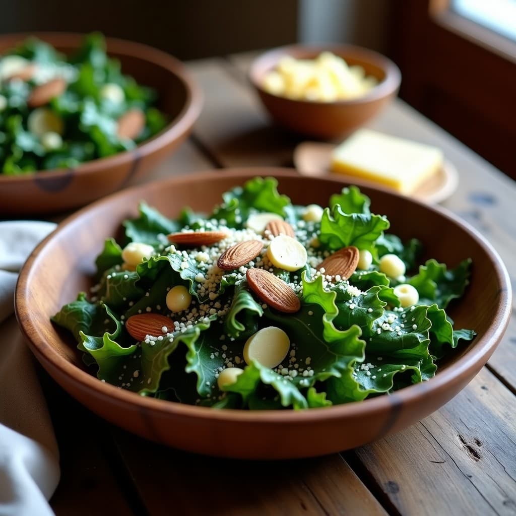 Ensalada Cesare keto en un bol de madera con col rizada fresco, anchoas, queso pecorino rallado y almendras fileteadas, aderezo cremoso y decoración rústica italiana.