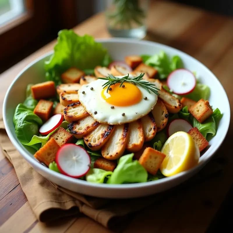 Ensalada Cesárea italiana con lechuga romana, rúcula, pollo a la parrilla en tiras, croutons de centeno dorados, huevo cocido en cuartos y aderezo cremoso de anchoas y yogur griego. Plato fresco y alto en proteína.