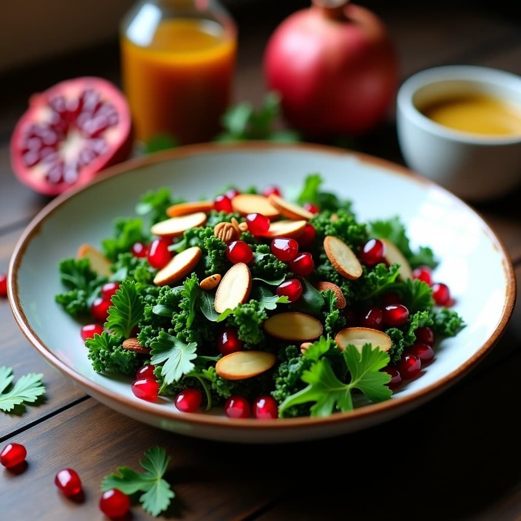 Ensalada detox de col rizada y granadas en un bol blanco rústico, con hojas de kale masajeadas, semillas de granada rojas brillantes, almendras tostadas y cilantro fresco. El aderezo de mostaza y miel brilla sobre los ingredientes.