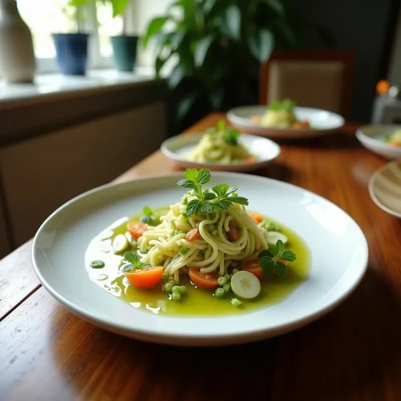Plato blanco con ensalada de algodón de azúcar de coliflor, textura esponjosa y crujiente, bañada en vinagreta de wasabi de color verde pálido, decorada con semillas de sésamo tostadas y cebollino fresco picado. Receta japonesa keto.