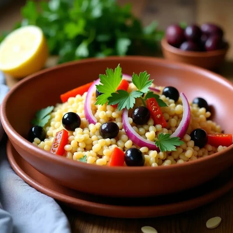 Ensalada tunecina vegana de couscous integral con trozos de dátiles dorados, aceitunas negras, cebolla morada, pimiento asado y almendras tostadas, servida en un bol de barro con cilantro fresco.