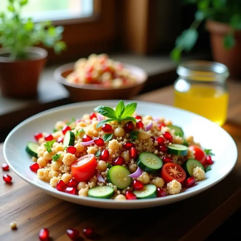 Ensalada marroquí de couscous de garbanzo y granados en un bol de cerámica blanca, con semillas de granada rojas brillantes, trozos de pepino, tomate cherry y cebolla morada. Decorada con hojas de menta fresca y semillas de sésamo tostadas, acompañada de una vinagreta dorada de comino en un tarro de cristal al lado.