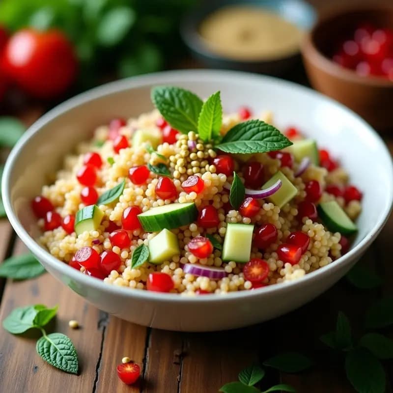 Ensalada libanesa de couscous integral con semillas de granados rojos brillantes, hierbabuena fresca, trozos de pepino, tomate cherry y cebolla morada, servida en un bol de cerámica blanca con vinagreta de limón y decorada con pistachos picados y semillas de sésamo.