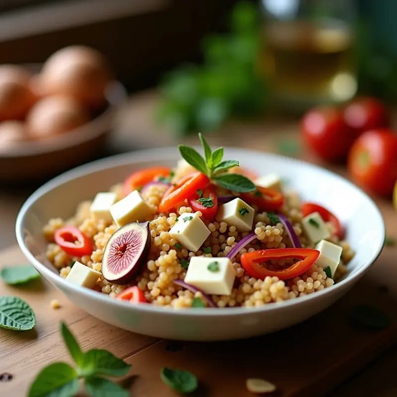 Ensalada marroquí de couscous integral con higos frescos en cuartos, cubos de queso de cabra, cebolla morada, pimiento asado y almendras tostadas, servida en bol de barro con hierbas frescas y aliño brillante.