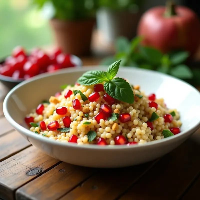 Ensalada de couscous integral con granada y menta servida en un bol de barro blanco, con granos de granada rojos vibrantes, menta fresca picada, almendras tostadas y pimiento asado en dados, sobre una mesa rústica de madera con fondo de luz natural.