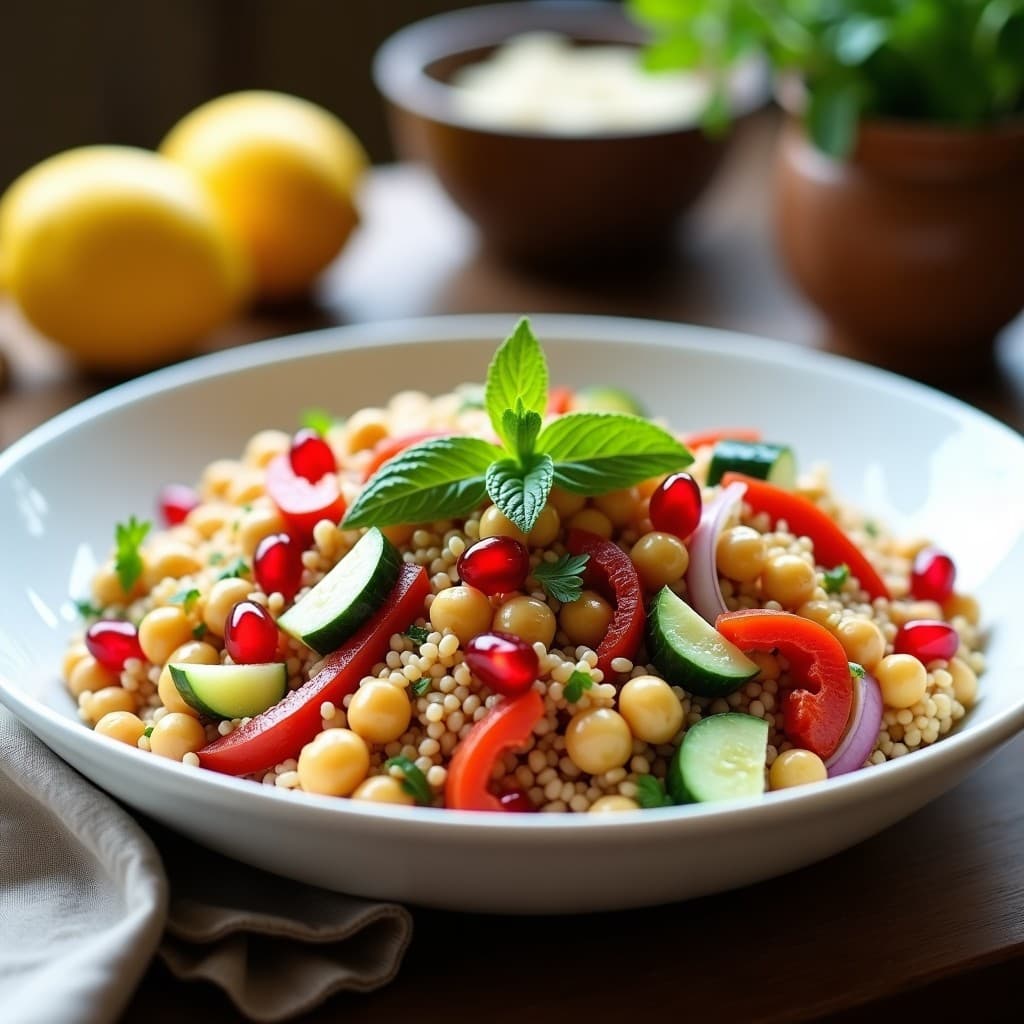 Ensalada mediterránea de couscous de garbanzo con semillas de granado rojas vibrantes, pimiento asado y hierbas frescas, servida en un bol blanco con semillas de sésamo tostadas por encima. Receta vegana y sin gluten.