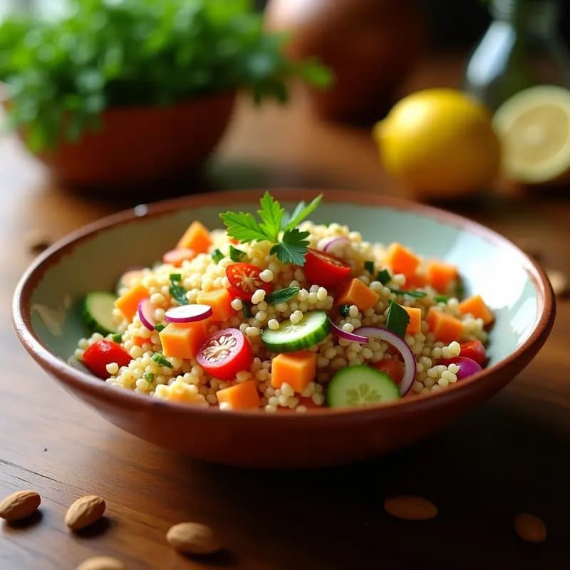 Ensalada de cuscús marroquí vegana en un bol de barro, con cuscús esponjoso, zanahoria rallada, pepino, tomate, cebolla morada, pasas y almendras fileteadas, decorada con perejil fresco y rodajas de limón.