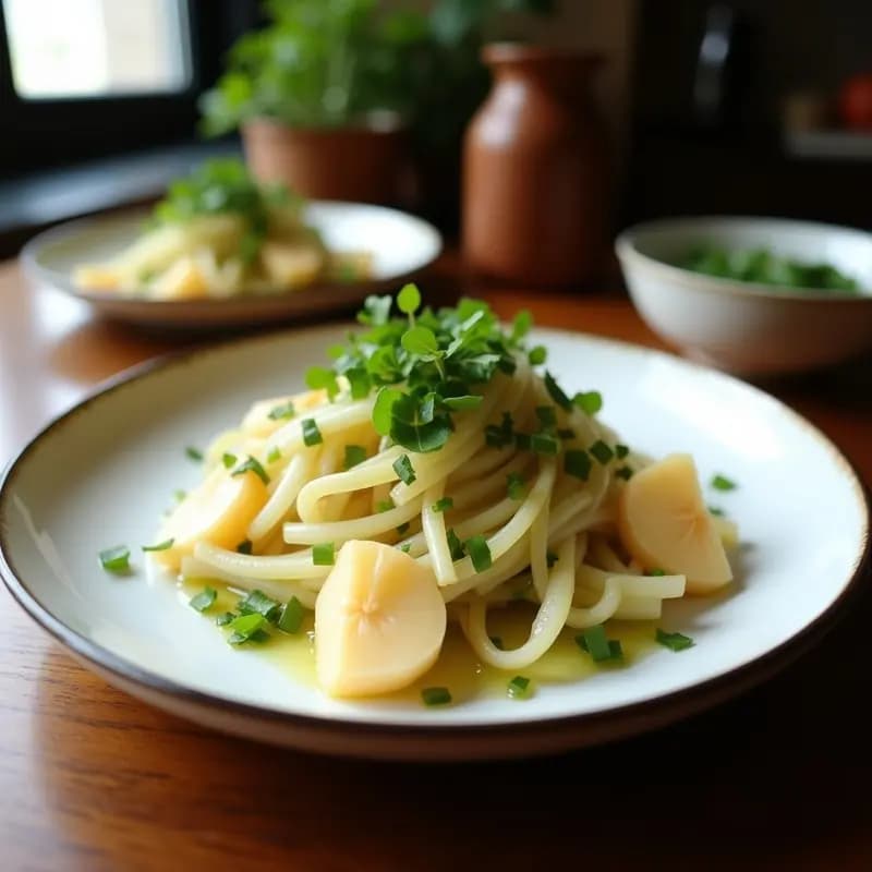 Ensalada japonesa fresca de rábano daikon en juliana y manzana verde con aderezo de miso, decorada con semillas de sésamo tostadas y cebollino picado, servida en un bol blanco sobre fondo de madera clara.