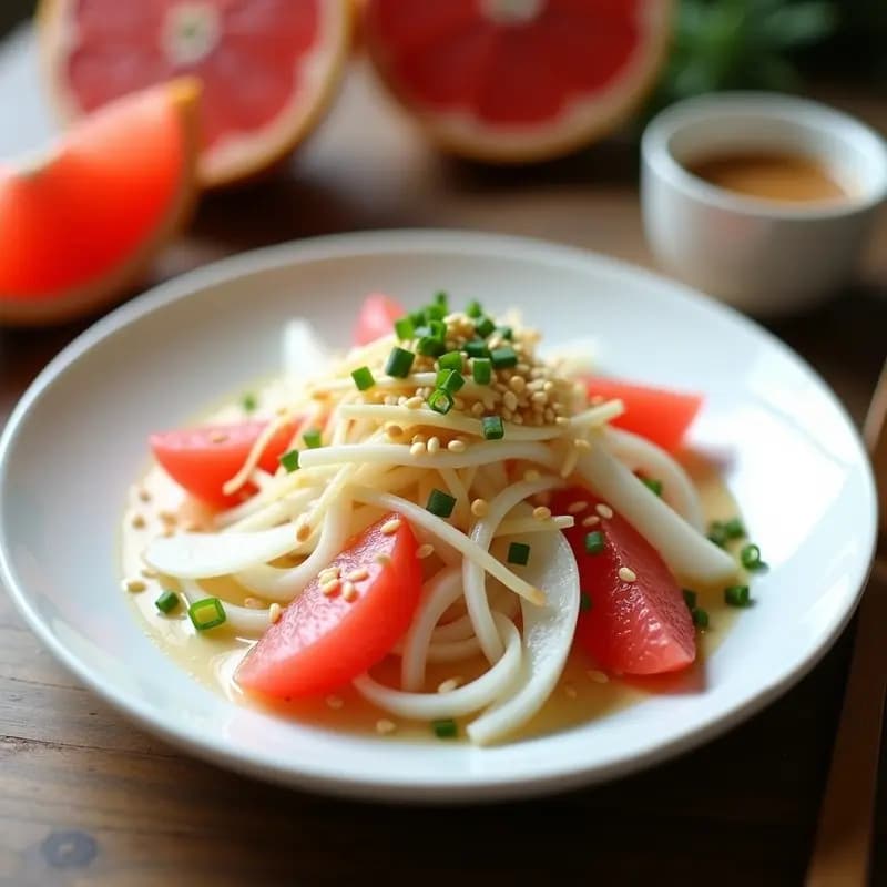 Ensalada fresca de rabanito daikon en juliana y gajos de pomelo rosa, con semillas de sésamo tostadas y cebollino picado, servida en plato blanco con aderezo de sésamo brillante. Receta china desintoxicante.