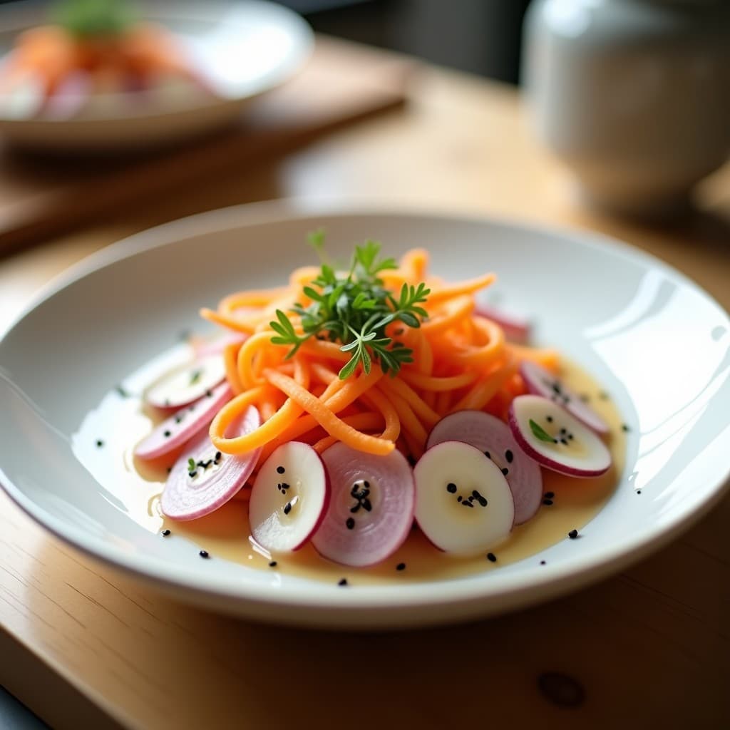 Ensalada japonesa crudivegana de rábanos daikon en juliana y zanahoria morada en rodajas finas, bañada en aderezo cremoso de miso blanco, decorada con semillas de sésamo negro, copos de alga nori y hojas de perilla fresca, servida en un plato de cerámica blanca sobre fondo de madera clara.