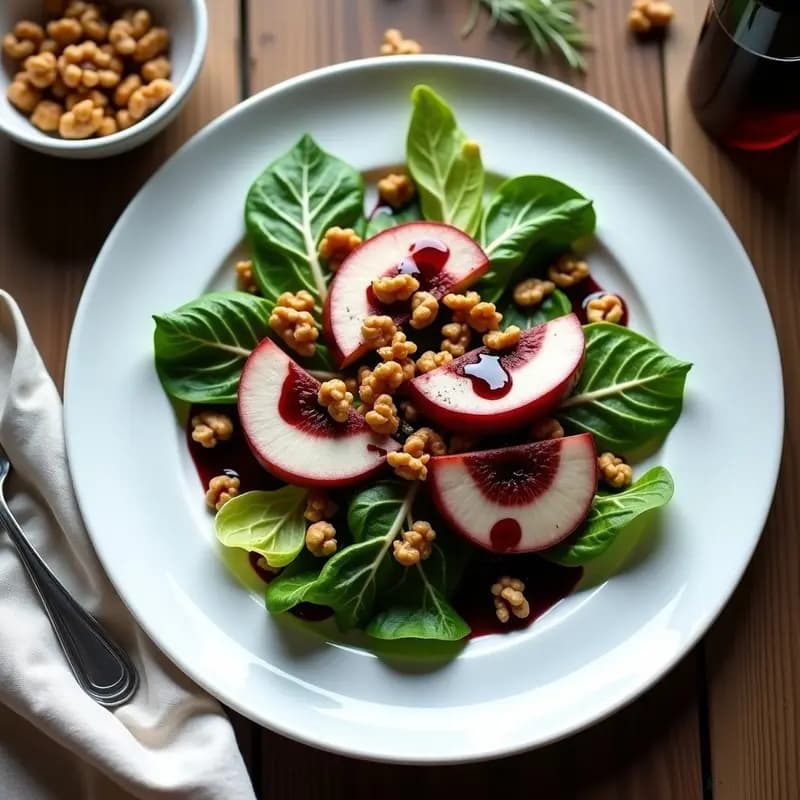 Ensalada francesa vegana de endibias con láminas de peras caramelizadas en vino tinto, nueces tostadas y vinagreta brillante, servida en fuente blanca sobre fondo rústico.